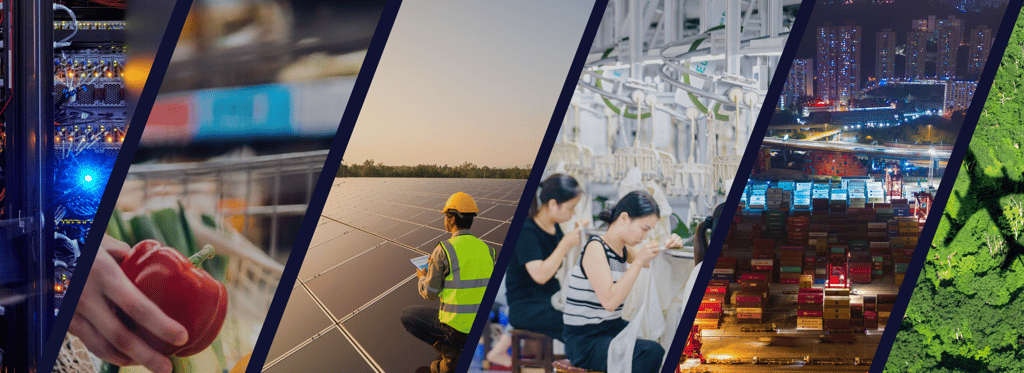 Collage of tech, agriculture, solar energy, textiles, shipping, and forest