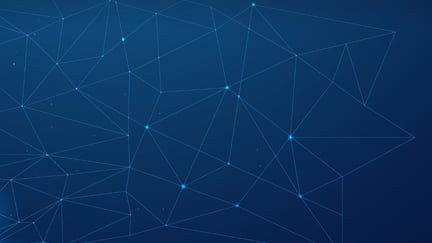 Abstract digital background featuring interconnected geometric lines and glowing points on a dark blue gradient, symbolizing technology, data networks, and connectivity.